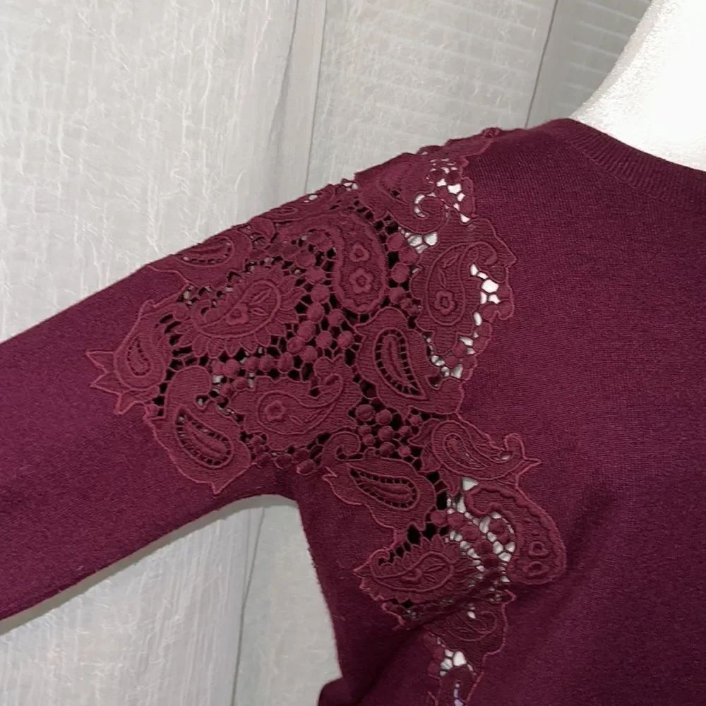 Ted Baker 3 M Tae Burgundy Scoop Neck Merino Wool Shoulder Lace KnitโSweater - Picture 9 of 15